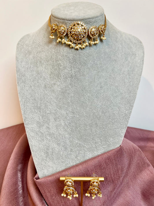 JENISHA - Golden choker white stone pearl necklace with earrings N3205