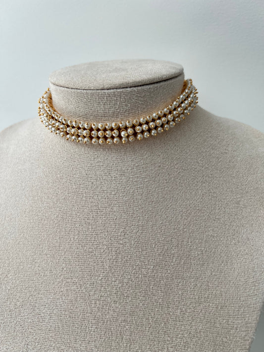 HINA - Simple three layer pearl choker with matching flat earrings N3360