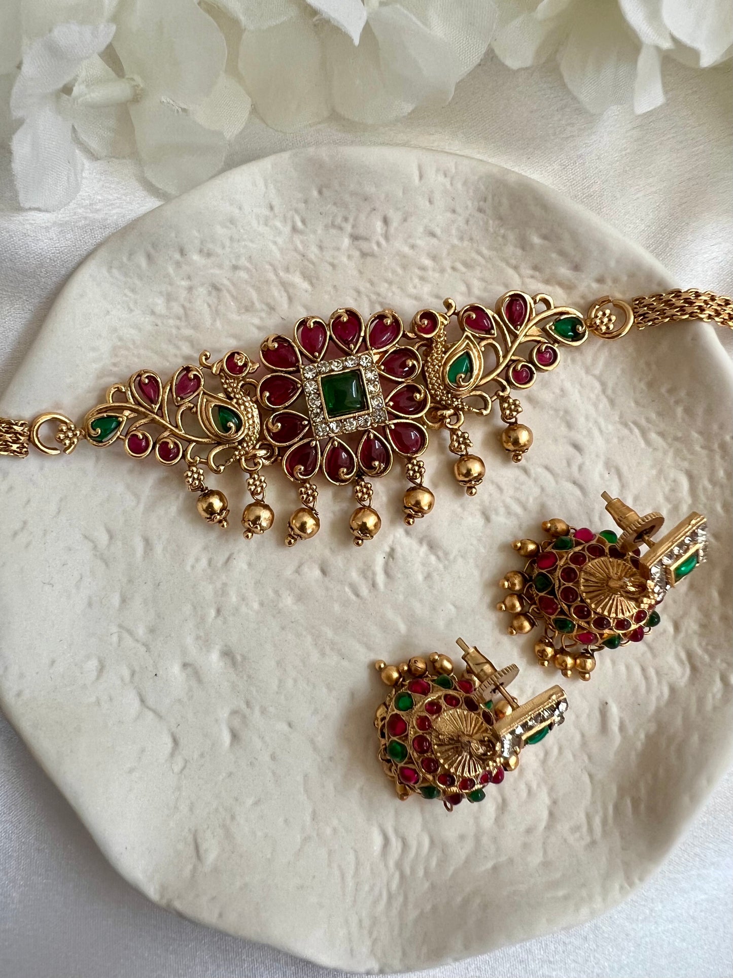 KIYA - Small peacock choker in rubygreen, golden ball choker set with small jhumkas N3130