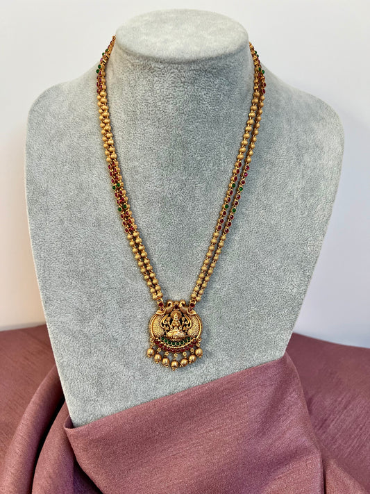 VARNA - Antique temple matte gold plated long necklace with matching earrings N3026