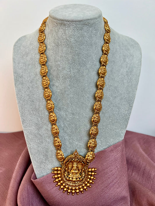 PRANAVI - Antique temple long gold plated necklace with matching jhumkas N3058