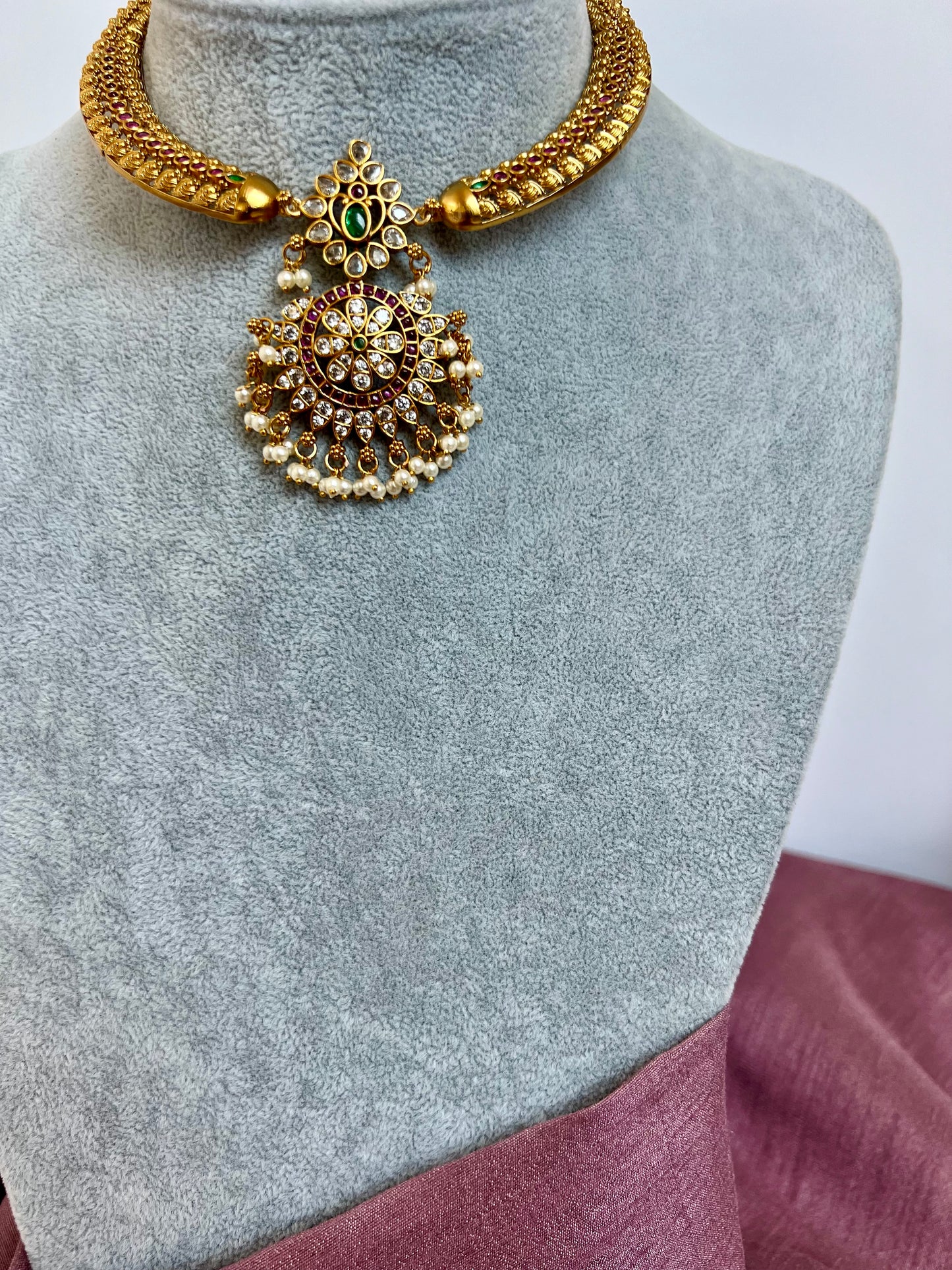 SHARMILA - Matte finish small ruby green necklace with matching jhumkas N3063