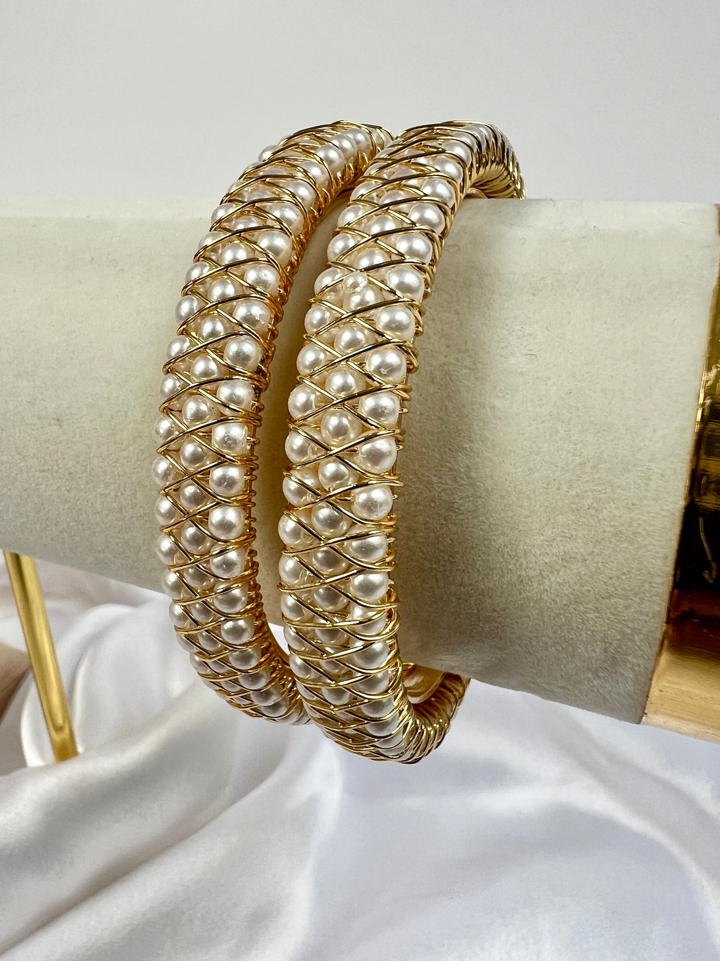 Classic Gold Bangles with Pearls and  Gold Plating , set of two B3011