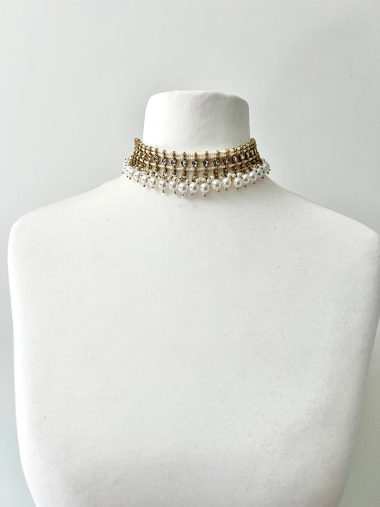 SARELA - Mehndi plated white pearl stoned high band necklace with matching jhumkas and tikka N3294