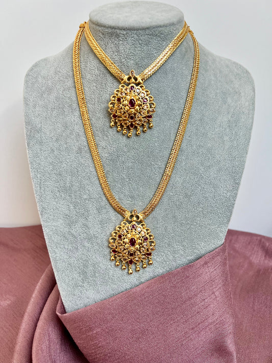 KALAI - Golden long and short ruby stoned necklace set N3071