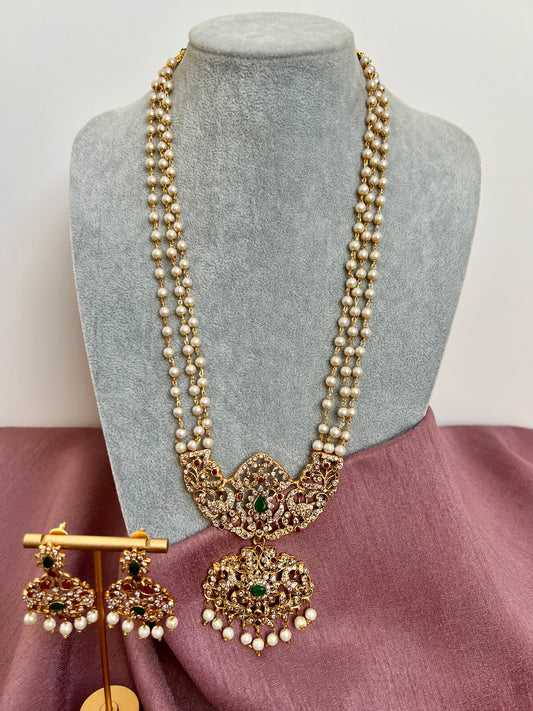 ILAVENI - Long pearl haram necklace with green stones N3159