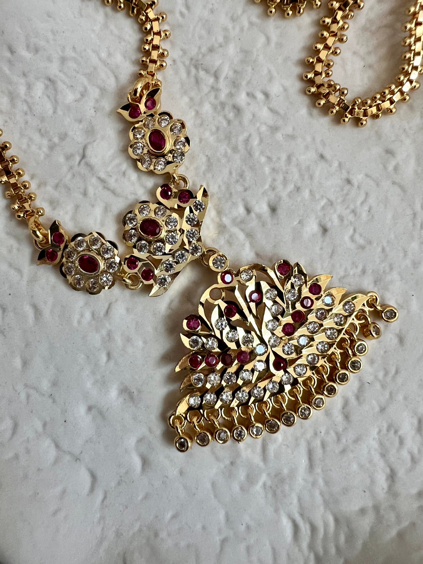 RAKITA - Long traditional impon pendant necklace with white and ruby stones N3074