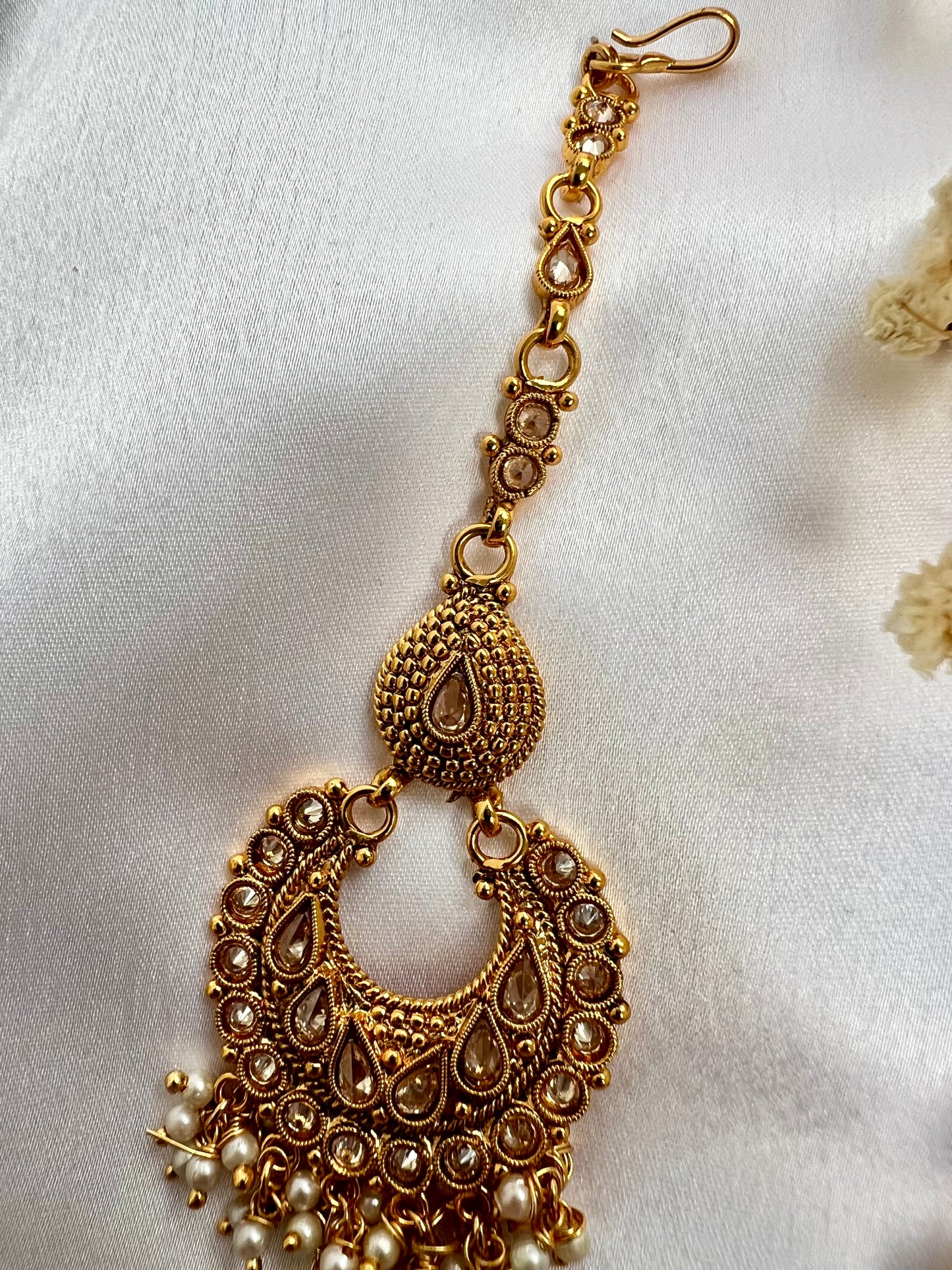 Traditional gold plated clear stone white pearls maang tikka T3003