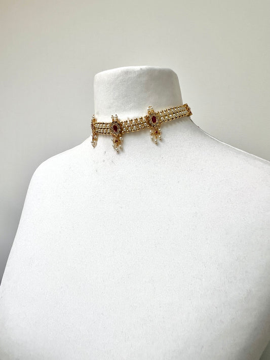 KANIMOZHI- Impon pearl choker in ruby and white with matching earrings N3298