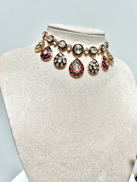 HANSIYA - Beautiful Kundan meenakari hand painted ruby and white stone necklace with matching flat earrings N3274