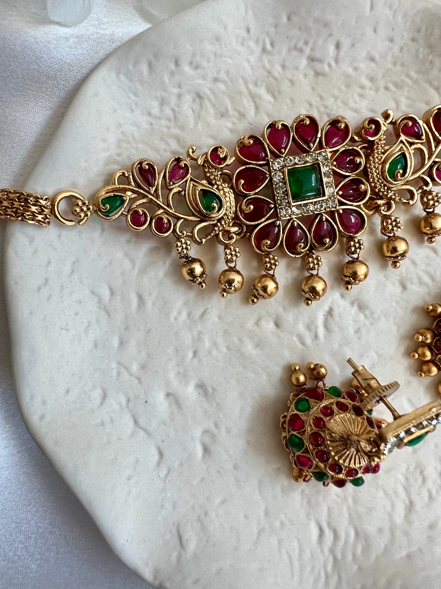 KIYA - Small peacock choker in rubygreen, golden ball choker set with small jhumkas N3130