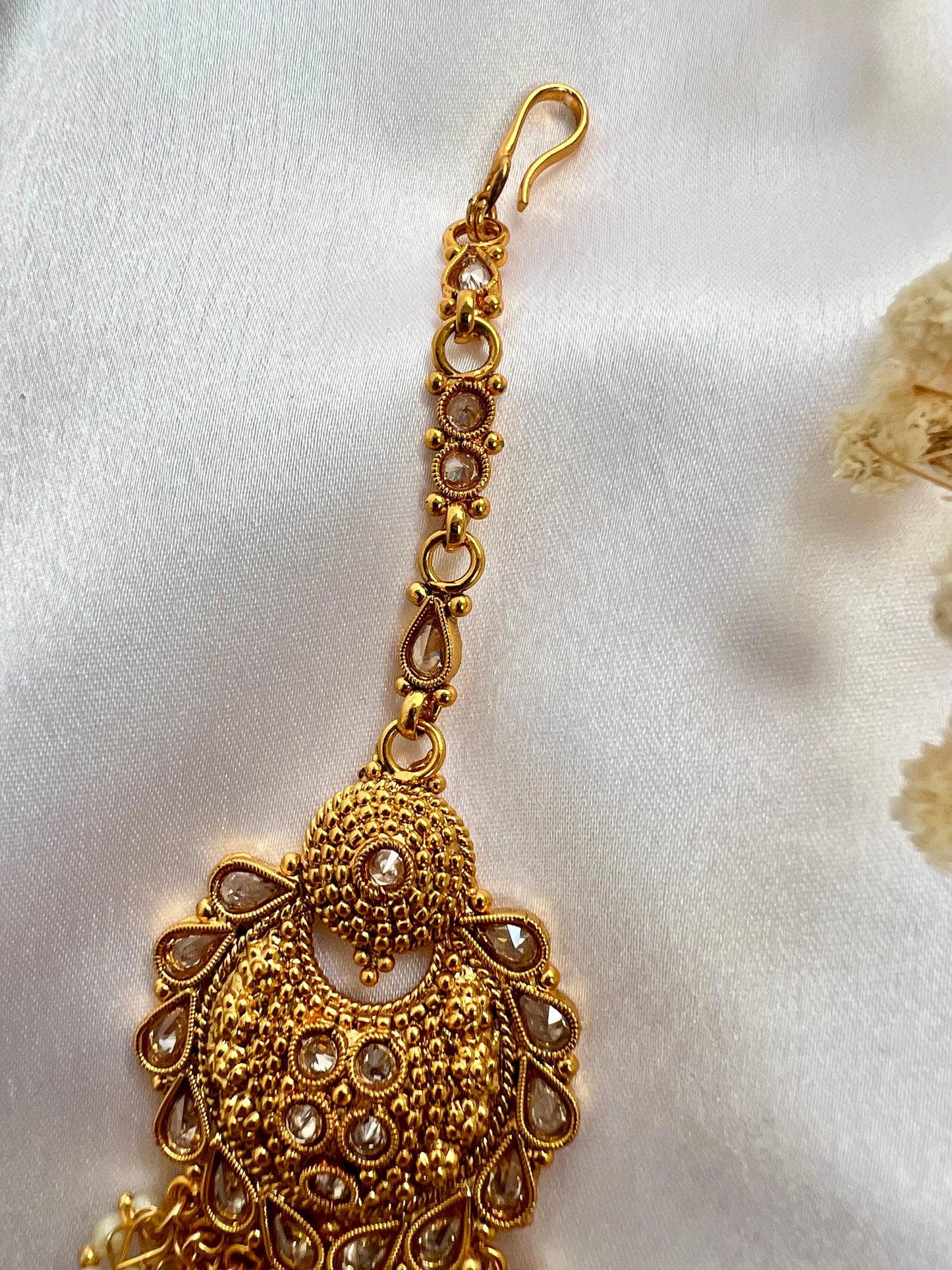 Traditional gold plated clear stone, white pearls maang tikka T3002