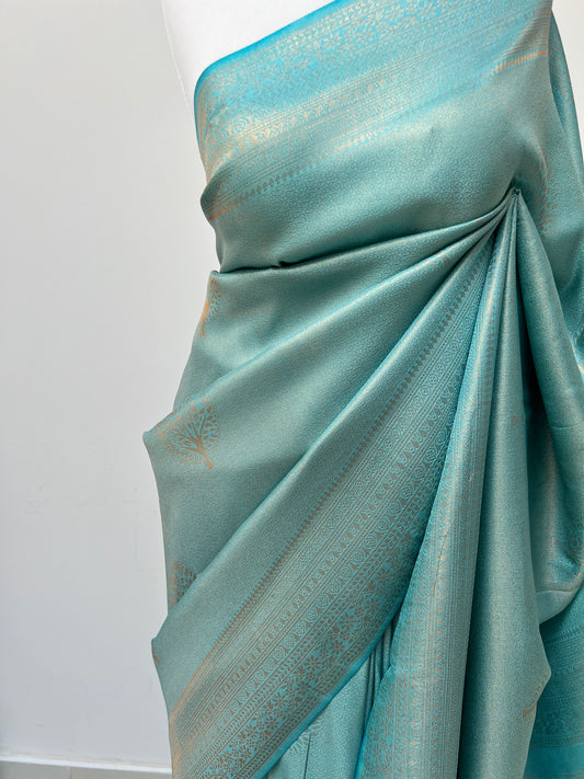 Ocean blue kubera silk saree with matching blouse and tassels attached S3006
