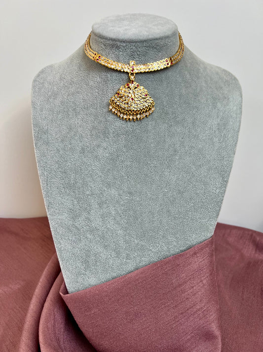 ABIGA - Traditional impon two layered attigai necklace in ruby N3072