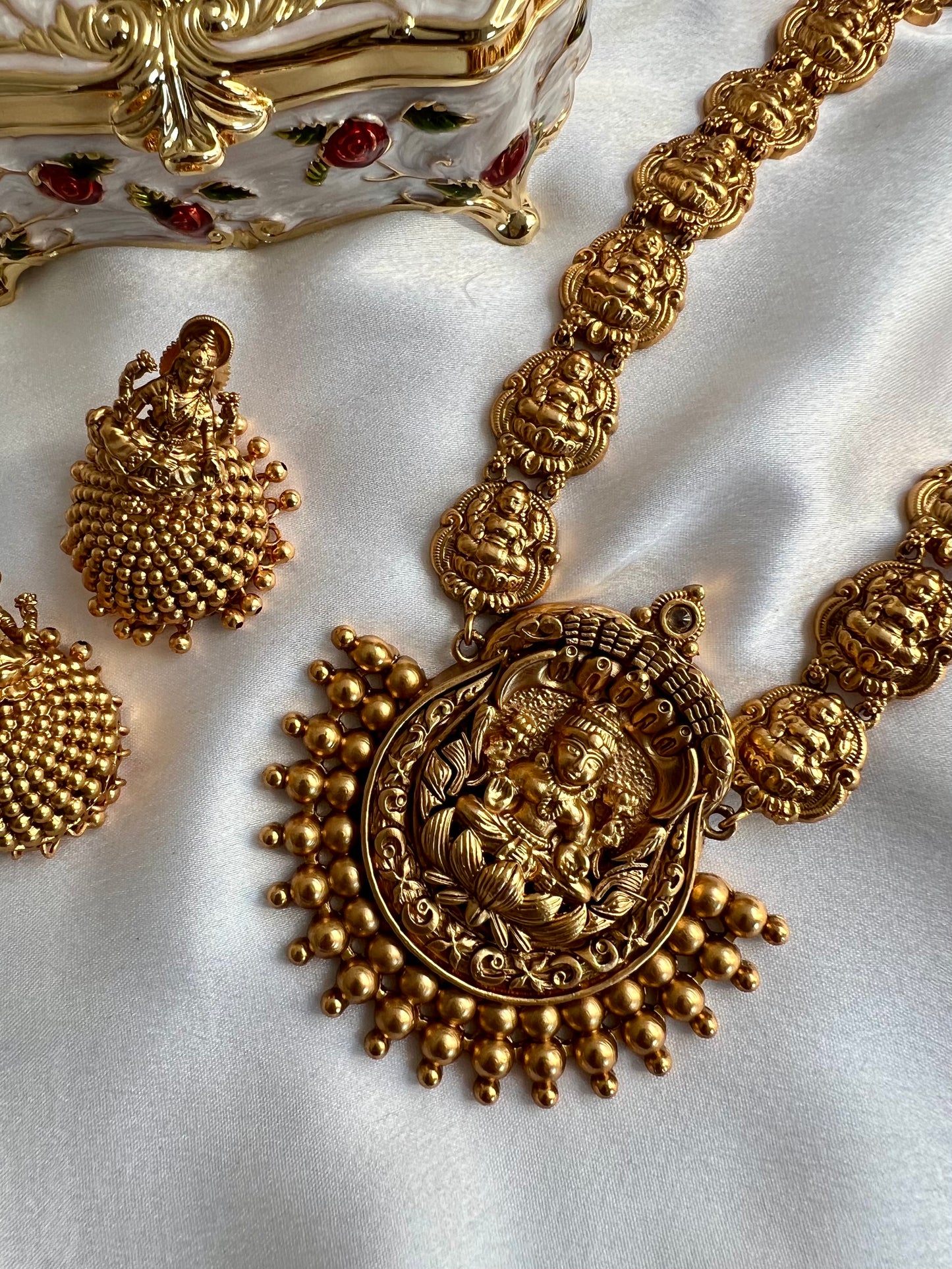 PRANAVI - Antique temple long gold plated necklace with matching jhumkas N3058