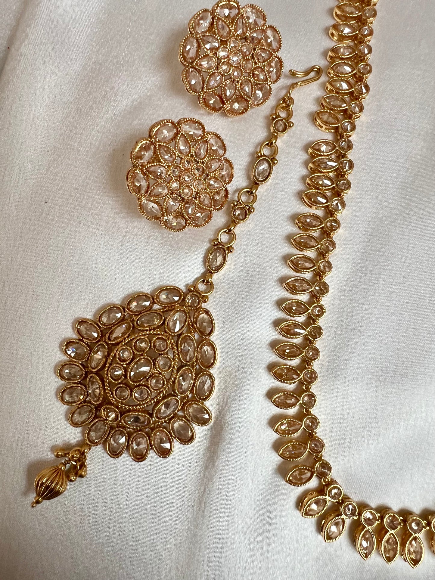 HASEENA - Long white stones golden necklace set with earrings and tikka N3202