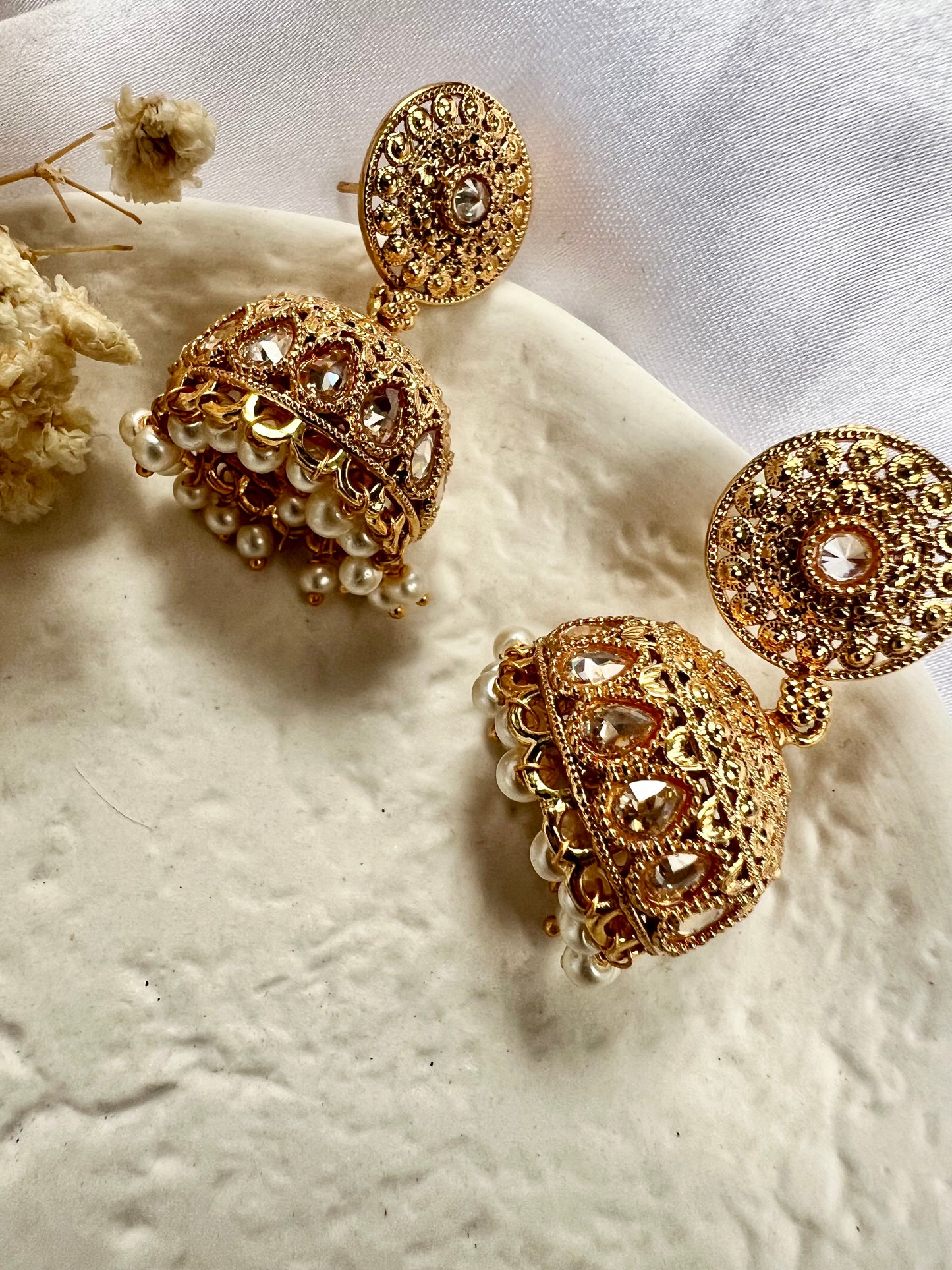 Gold plated pearl jhumka earrings E3027