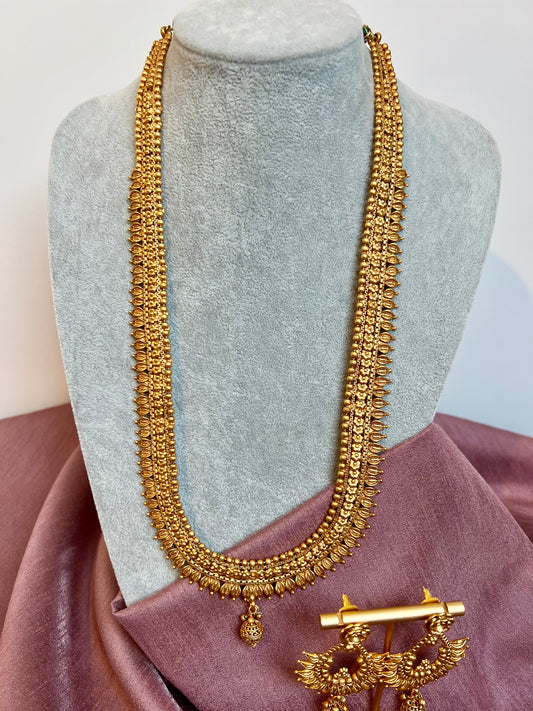 ISHA - Long bridal matte golden necklace set with long flat earrings N3195