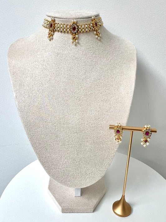 KANIMOZHI- Impon pearl choker in ruby and white with matching earrings N3298