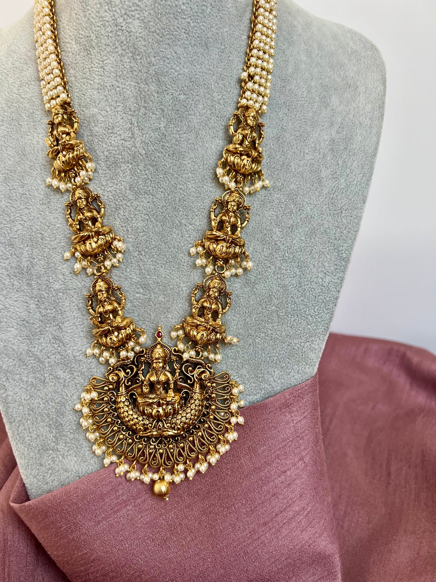 SHREYA - Bridal antique temple Lakshmi Haram pearl necklace with matching earringsN3098