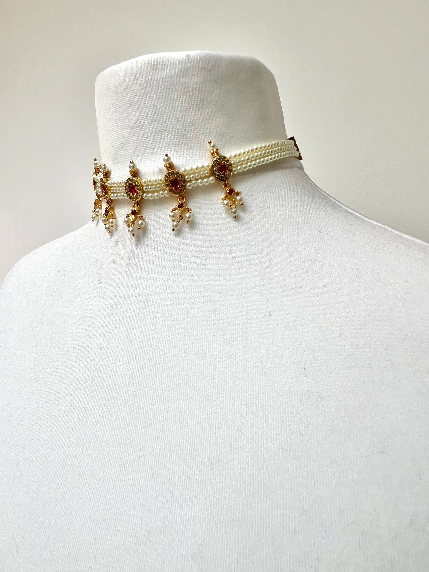 AADHIRA - Impon pearl choker in ruby and white stones with matching earrings  N3266