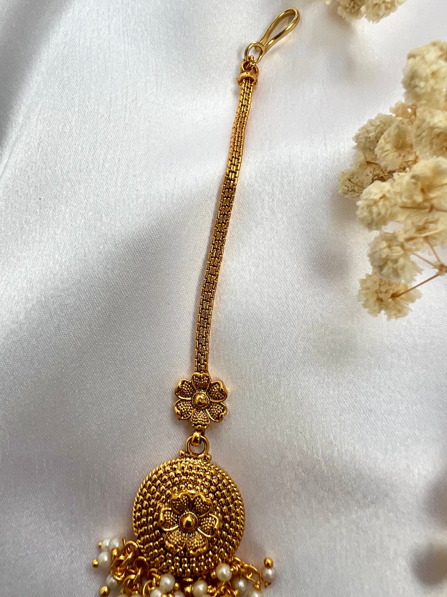 Small traditional gold plated white pearls maang tikka T3004