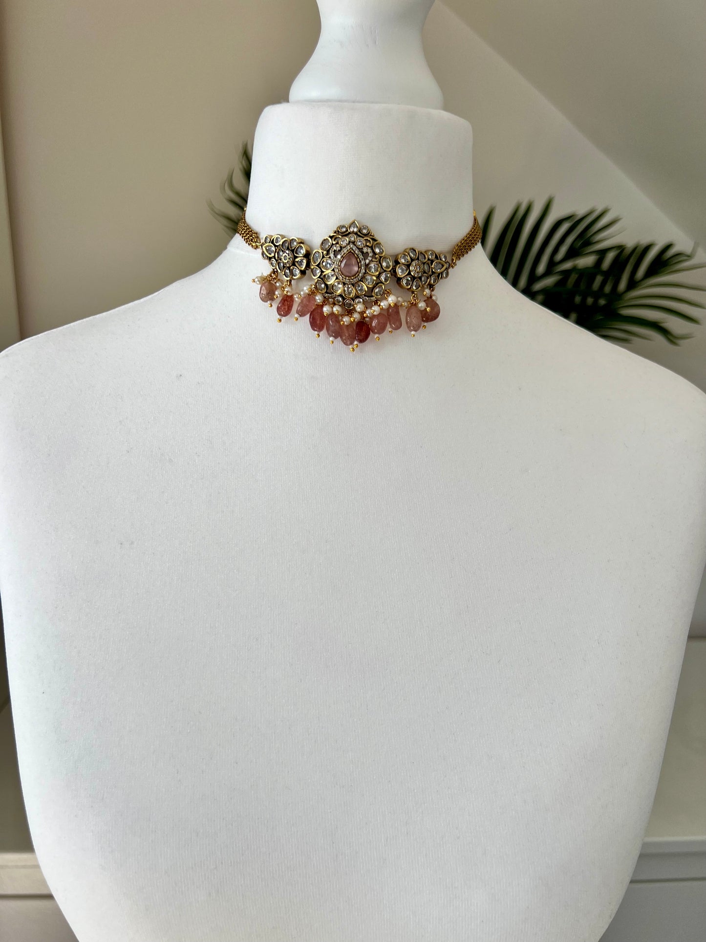 NANDINI - Small antique white stone with pink and white pearl choker and jhumkasN3099