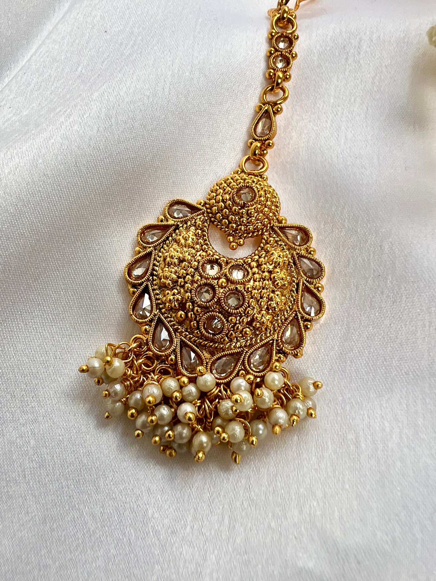 Traditional gold plated clear stone, white pearls maang tikka T3002