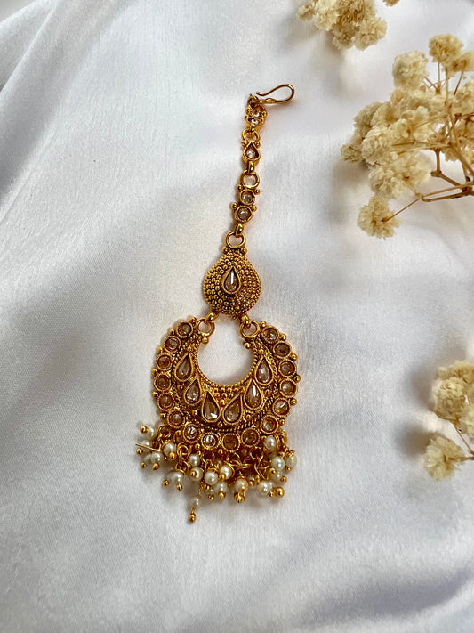 Traditional gold plated clear stone white pearls maang tikka T3003