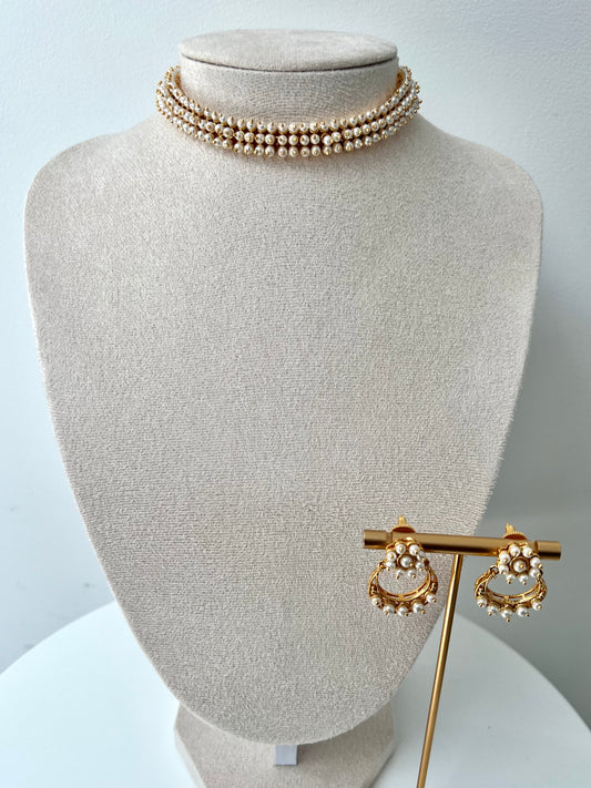 HINA - Simple three layer pearl choker with matching flat earrings N3360