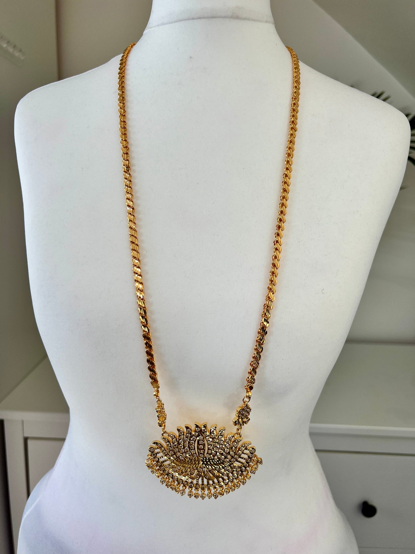 SOBIGA - Long 30inch lotus pathakkam necklace with white stones N3137