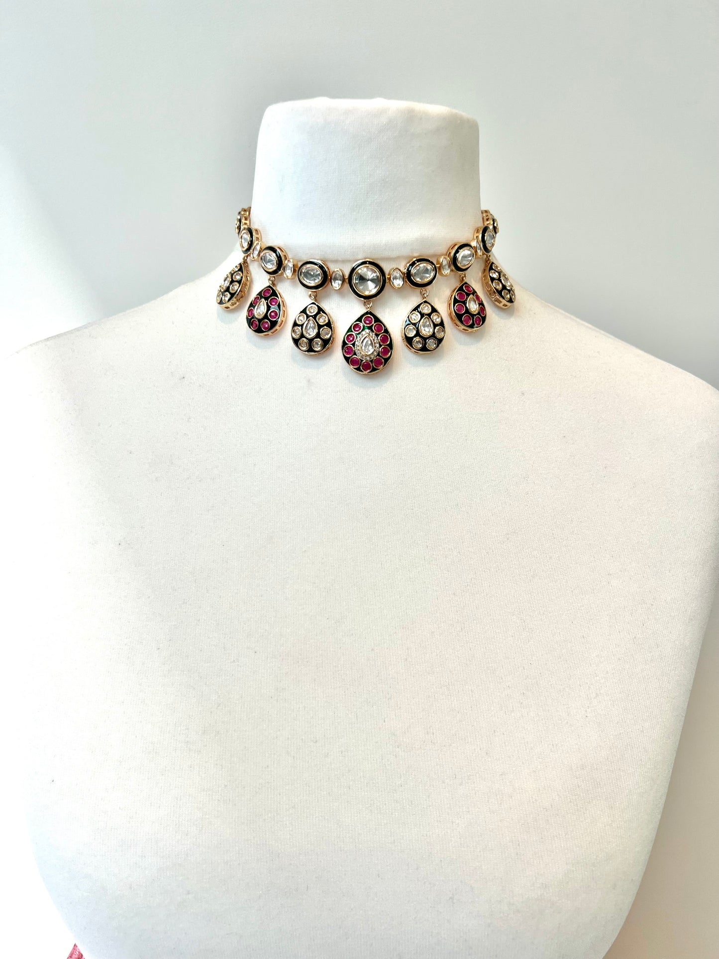 HANSIYA - Beautiful Kundan meenakari hand painted ruby and white stone necklace with matching flat earrings N3274
