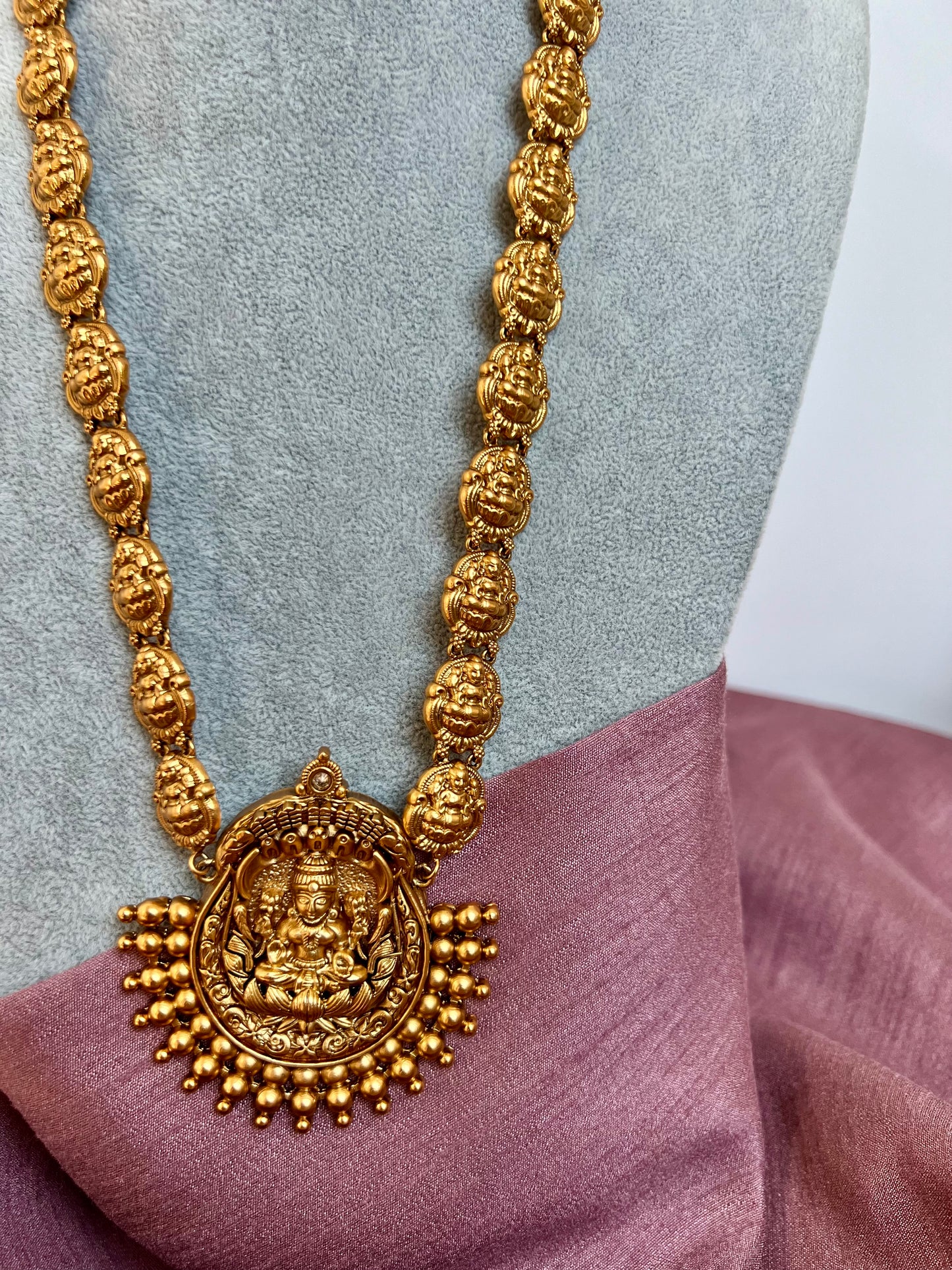 PRANAVI - Antique temple long gold plated necklace with matching jhumkas N3058