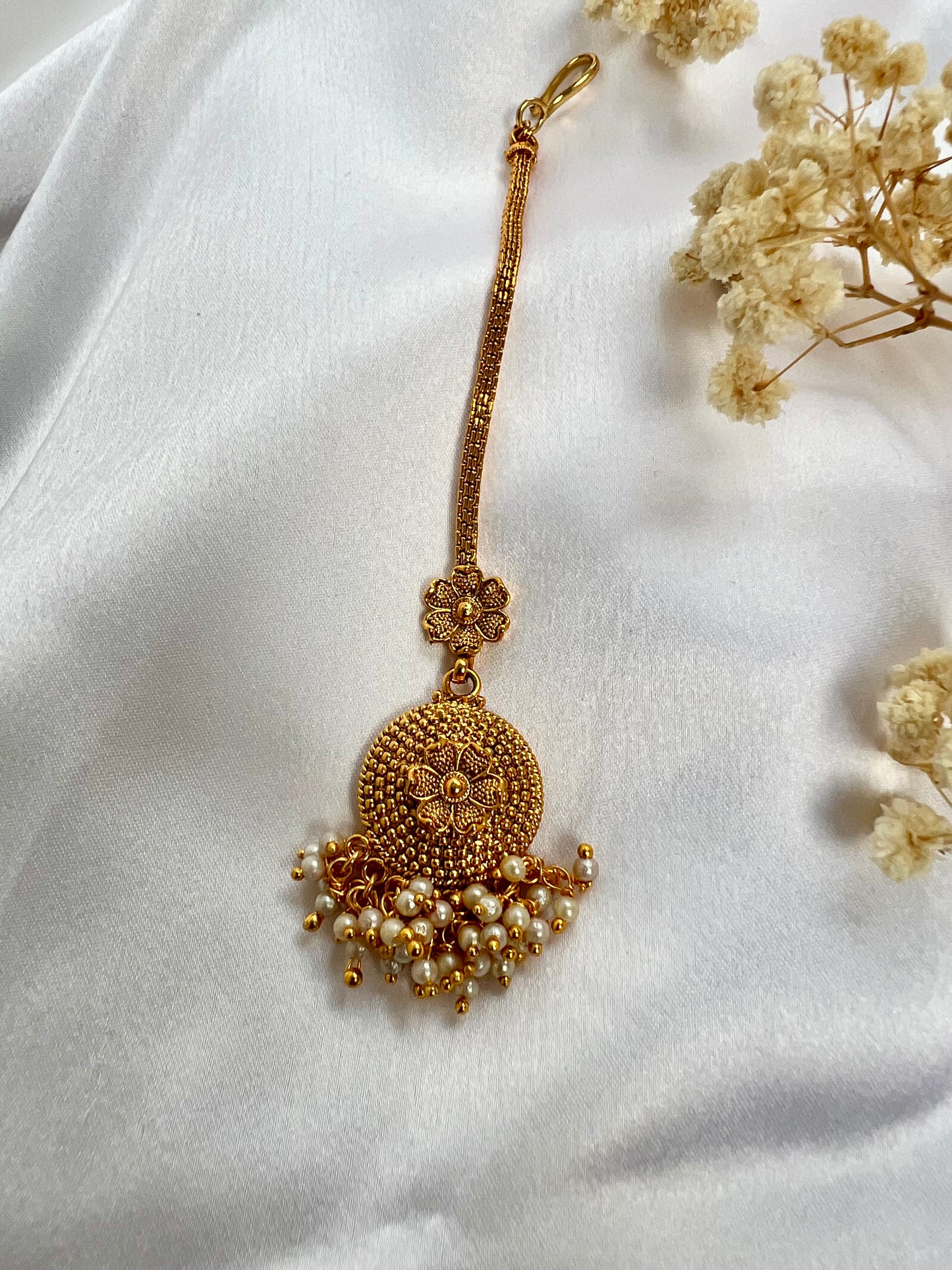 Small traditional gold plated white pearls maang tikka T3004