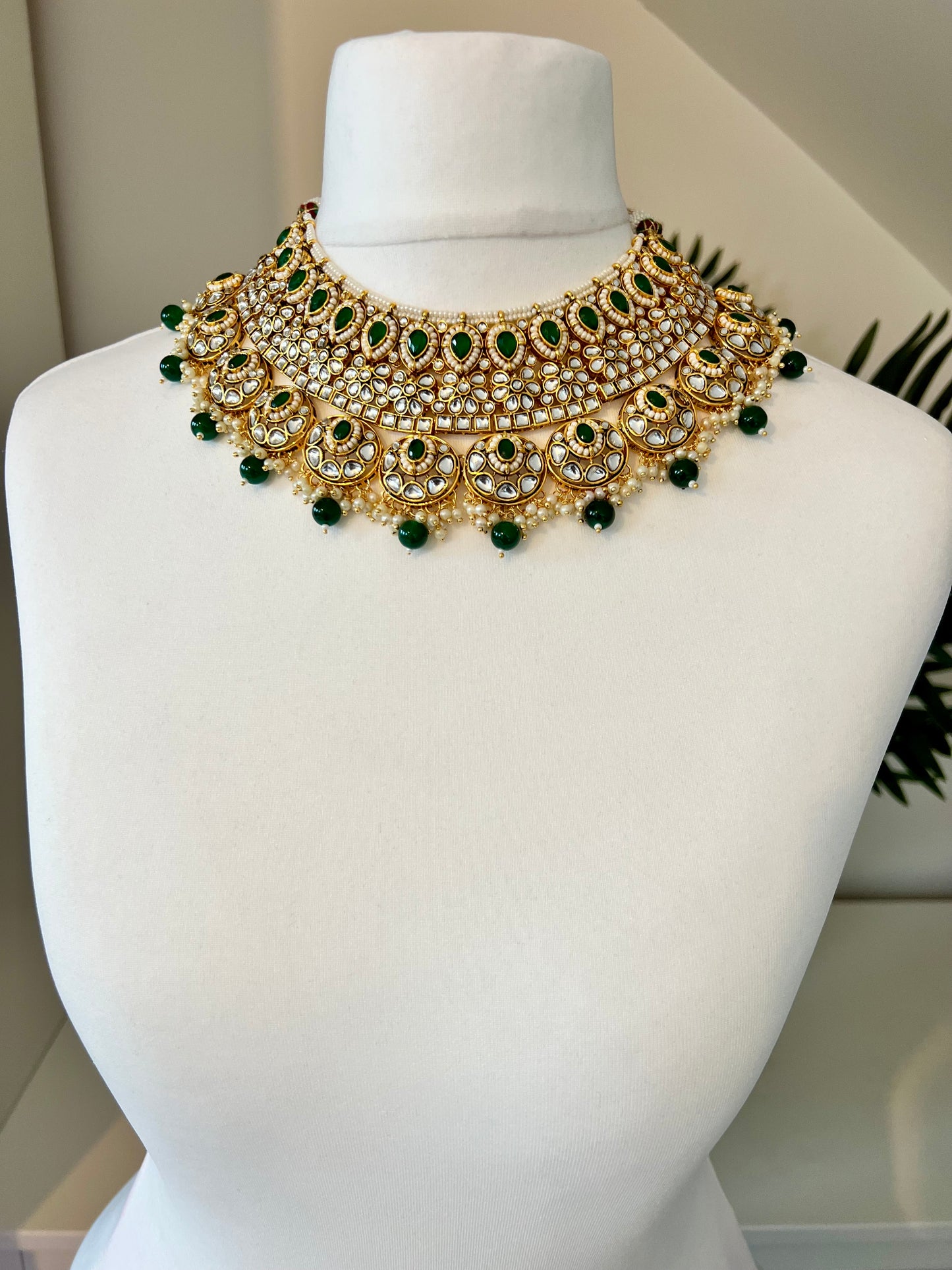 AVEENAS - Bridal high neck necklace set with earrings and tikka in green N3196