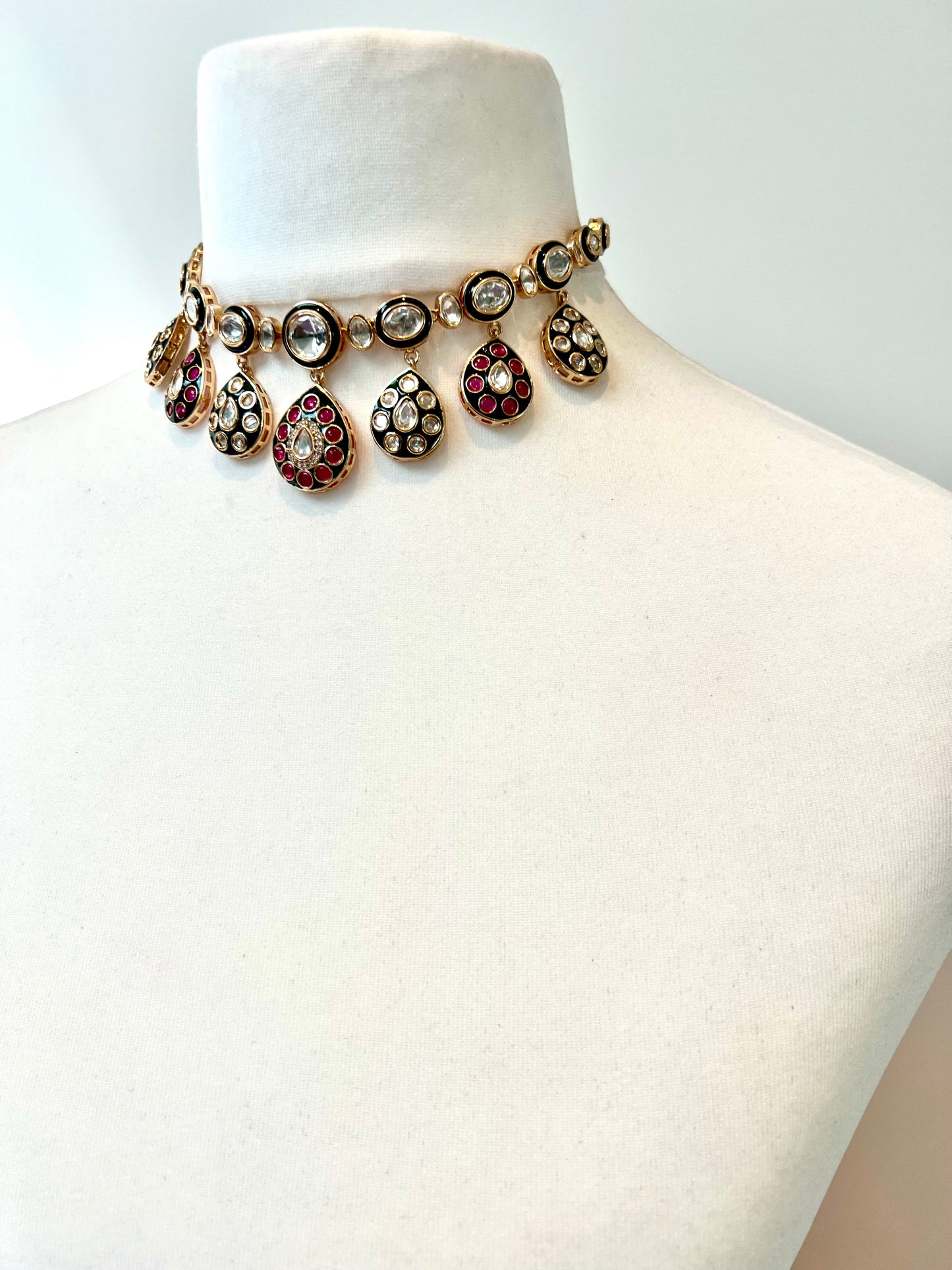 HANSIYA - Beautiful Kundan meenakari hand painted ruby and white stone necklace with matching flat earrings N3274