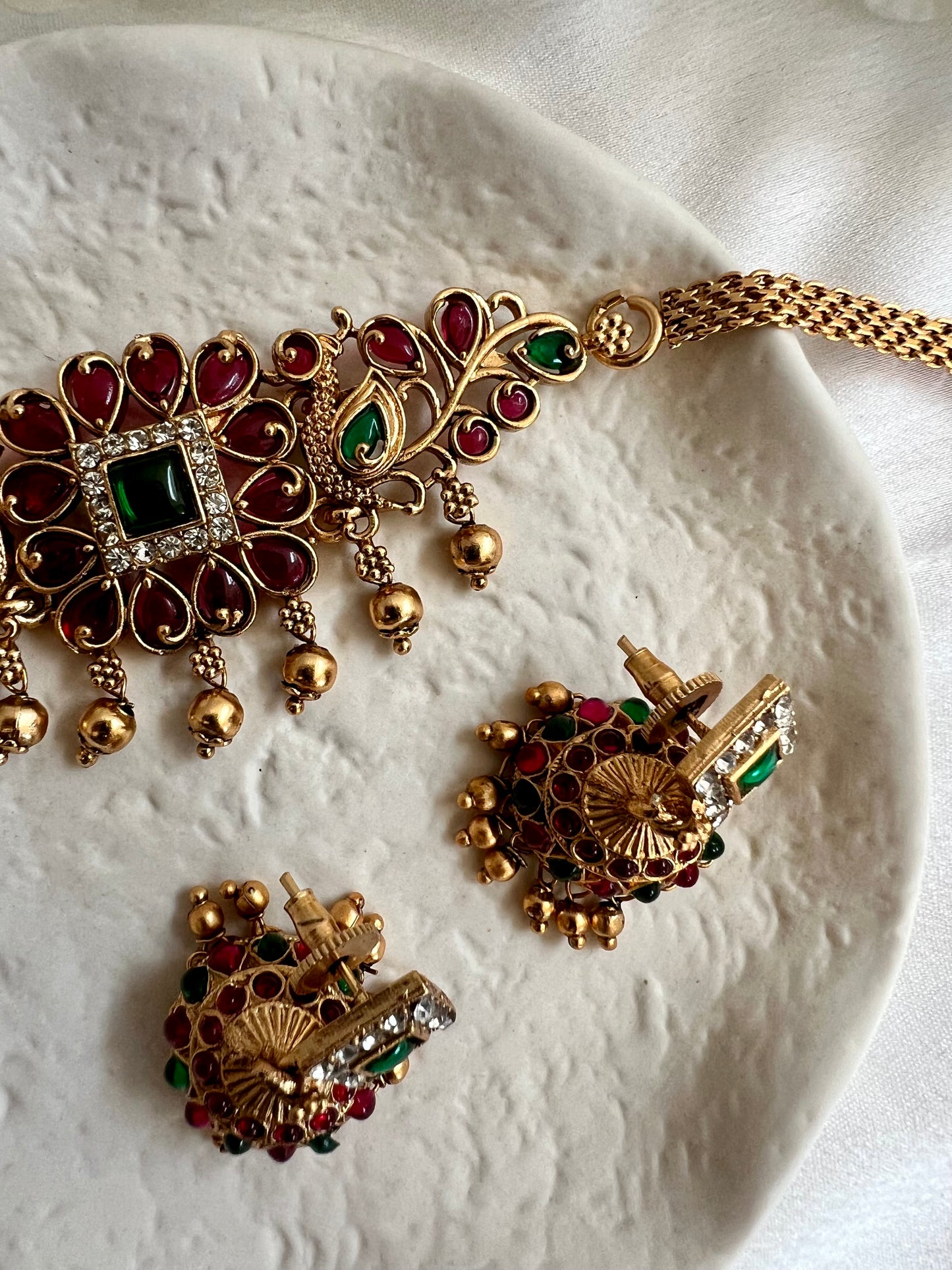 KIYA - Small peacock choker in rubygreen, golden ball choker set with small jhumkas N3130