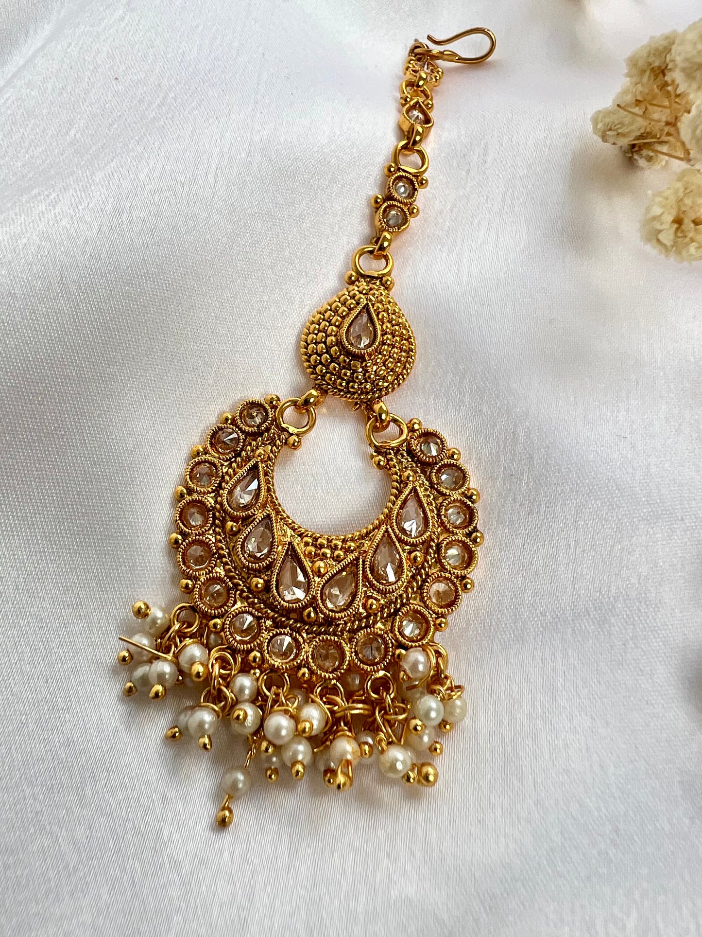 Traditional gold plated clear stone white pearls maang tikka T3003