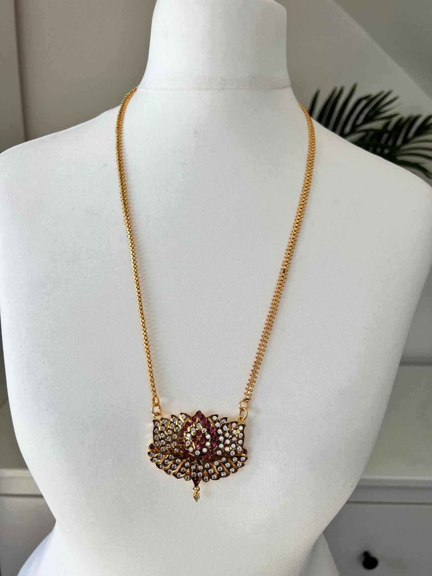 GOWTHAMI - Long ruby white stoned lotus pendant impon necklace N3041