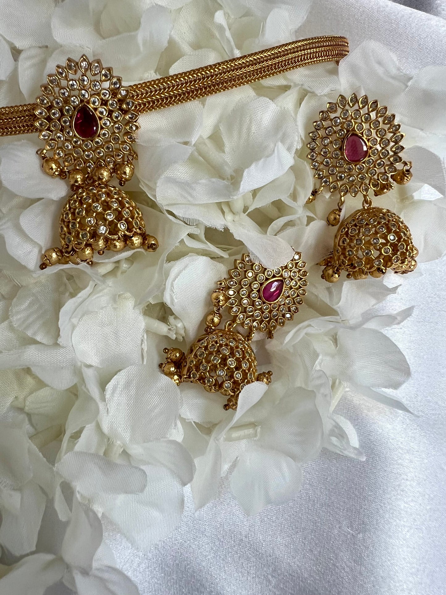 KANITRA - Jhumka choker matte necklace in ruby with matching jhumkas N3064