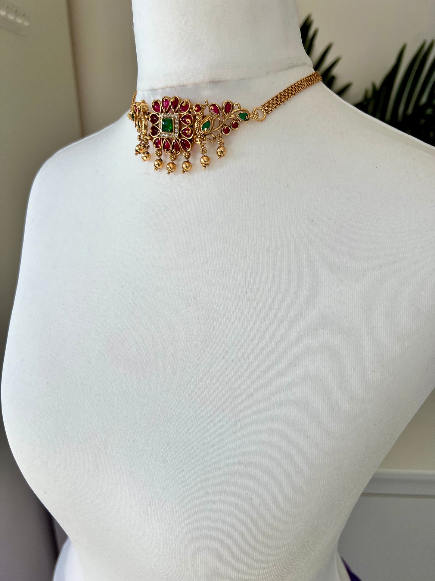 KIYA - Small peacock choker in rubygreen, golden ball choker set with small jhumkas N3130