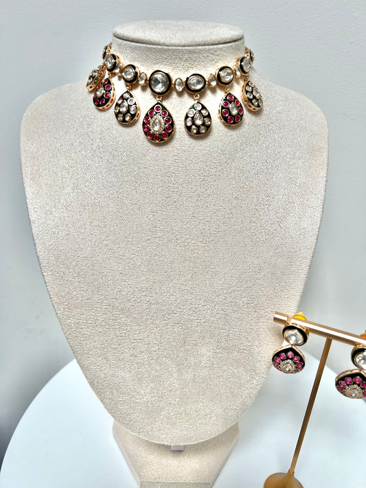 HANSIYA - Beautiful Kundan meenakari hand painted ruby and white stone necklace with matching flat earrings N3274