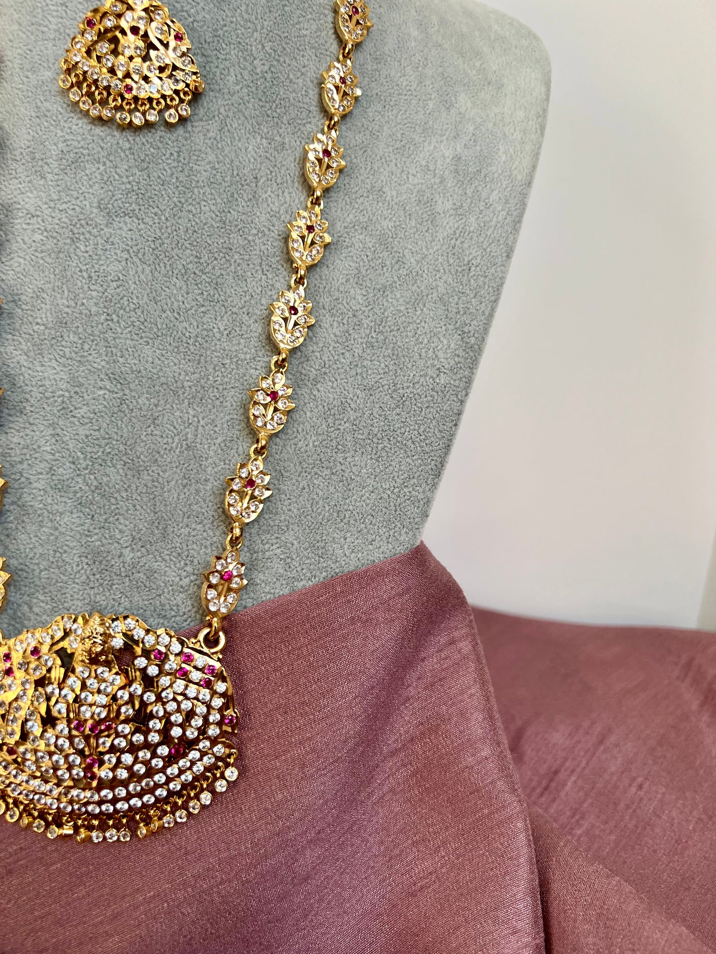 NAYANTHI - Impon south Indian ruby attigai with a matching long necklace embellished with white stones N3039