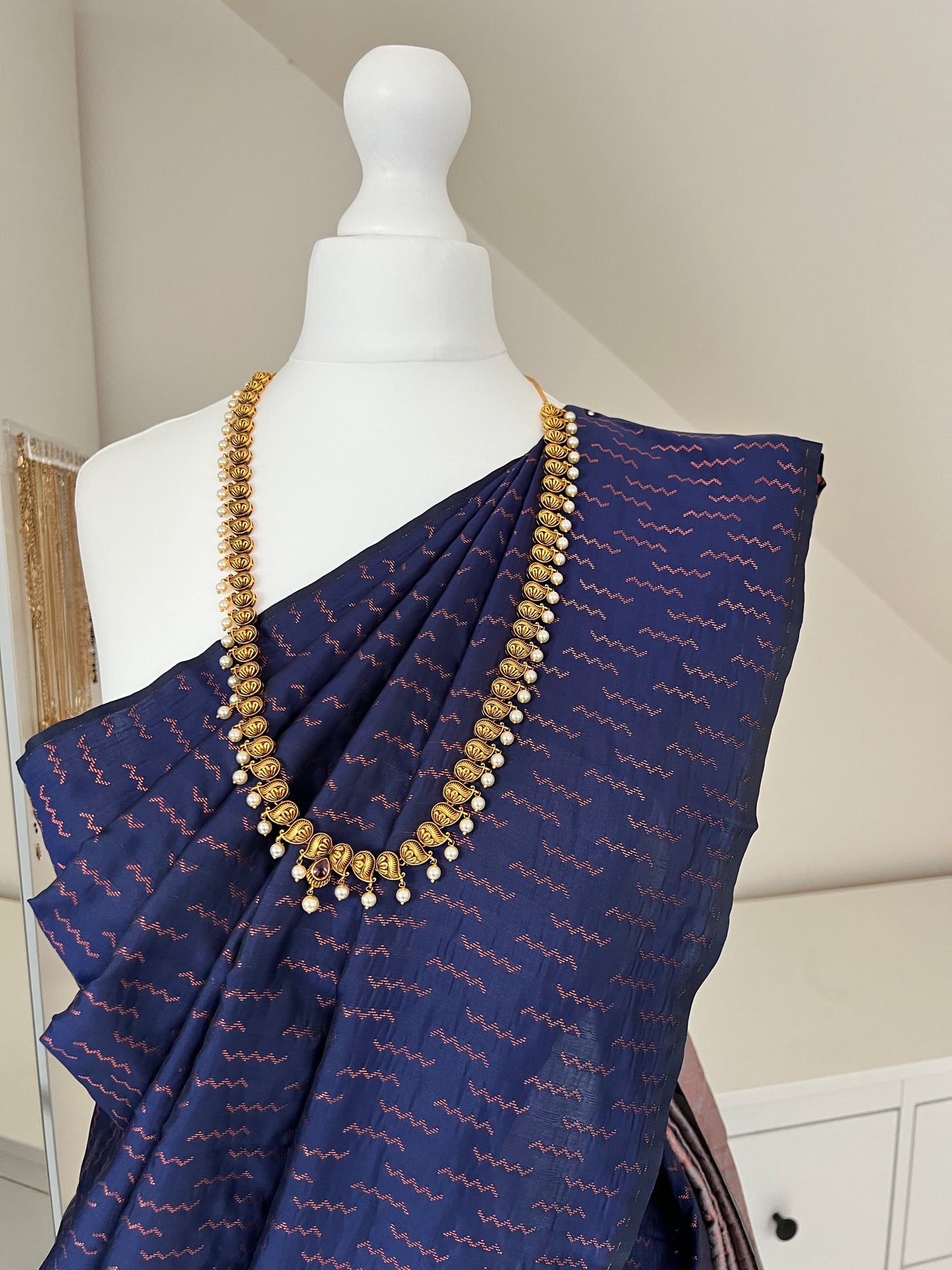 Navy blue soft silk saree with copper threads and grey blouse/headpiece S3003