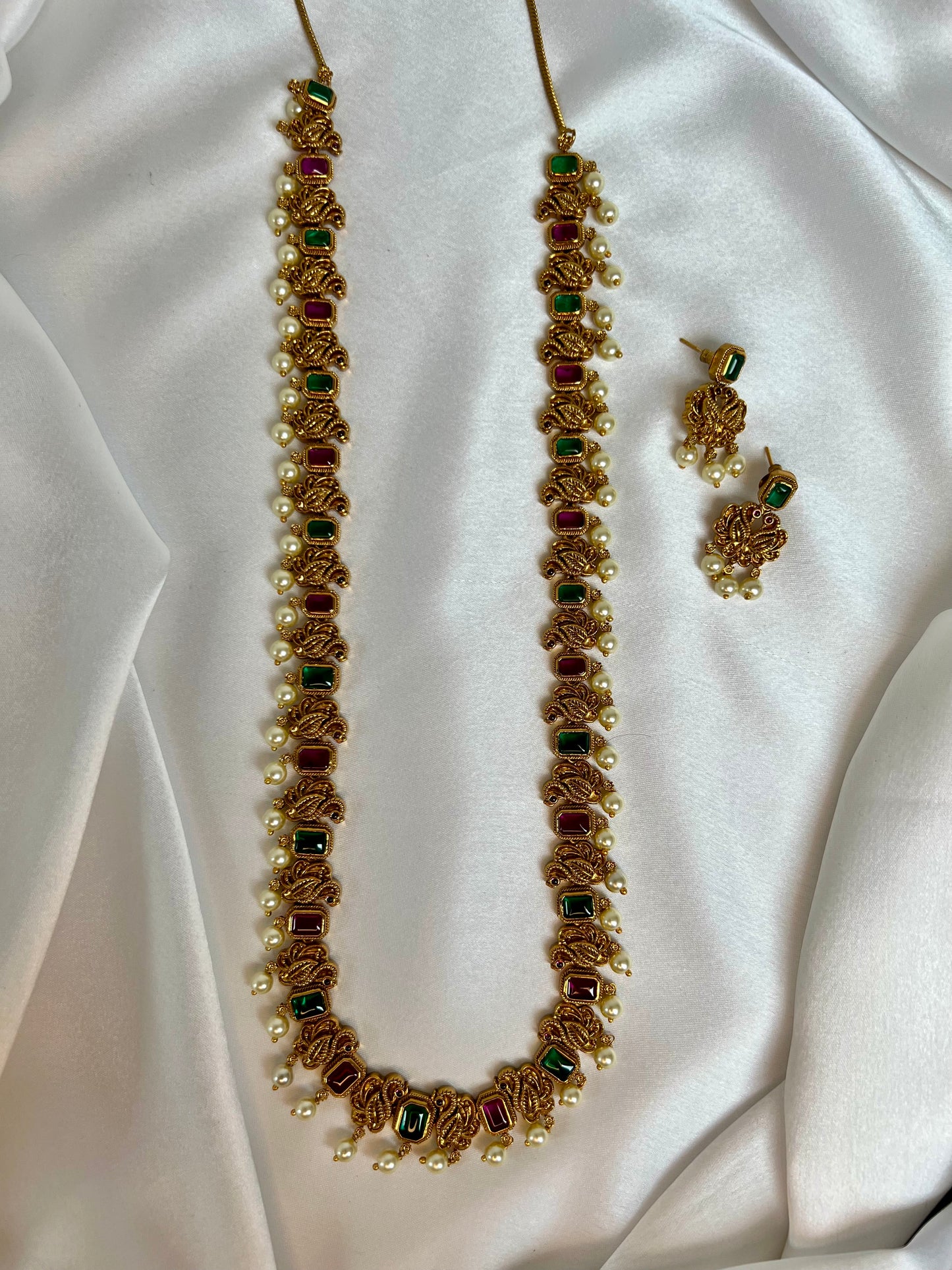 Antique long peacock necklace matte gold plated rubygreen with earrings N3024