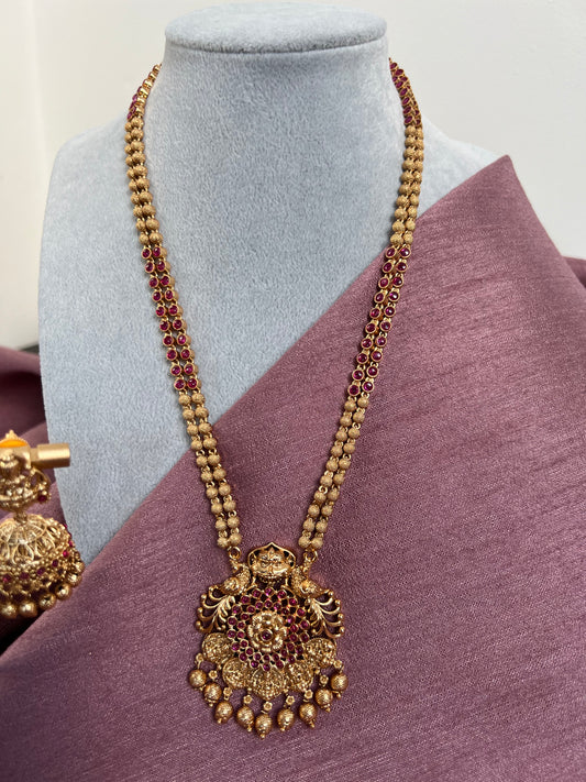 Temple antique matte gold plated ruby necklace set with matching earrings N3023