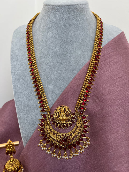 Temple antique ruby gold necklace set with matching earrings N3004