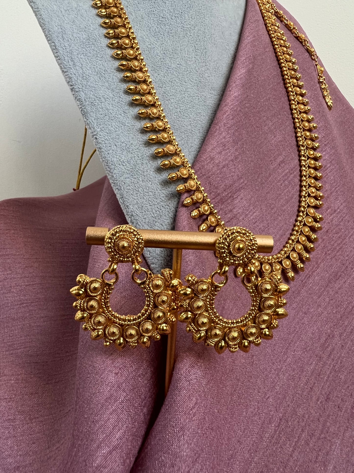 Long and short gold plated necklace with earrings and uchi pattam/tikka N3019