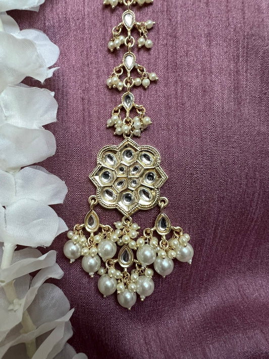 White kundan tikka with dangling pearls T3020