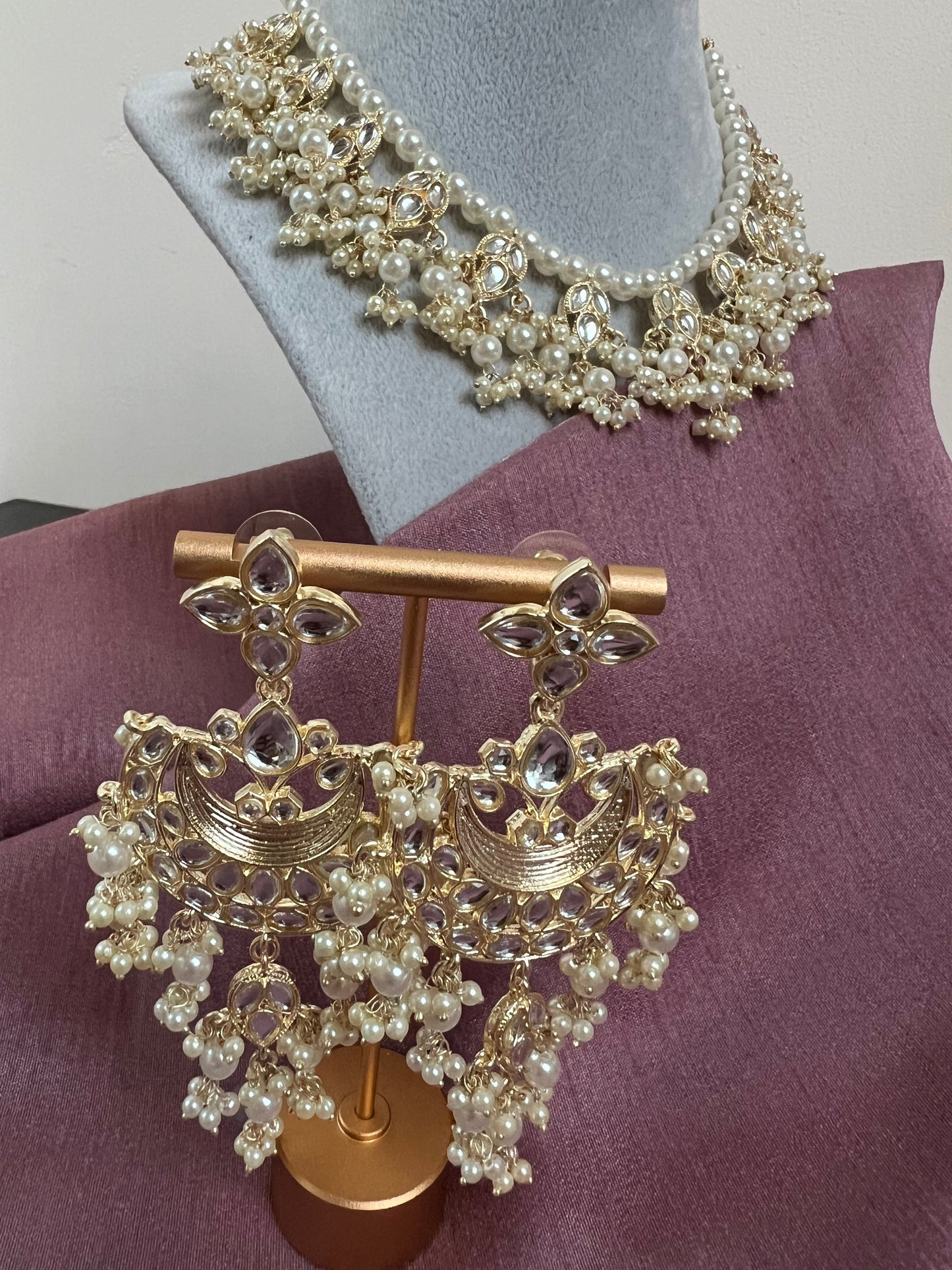 Kundan ivory pearl necklace set with earrings N3048
